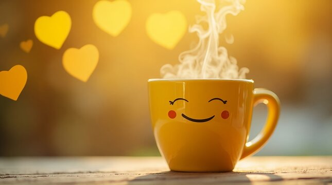 A yellow mug with a smiley face and steam rising with heart shaped lights in the background