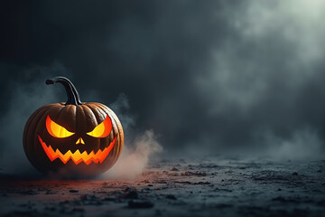Eerie Halloween Pumpkin with Glowing Eyes on a Dark, Misty Night Landscape, Creating a Chilling Atmosphere for Autumnal Festivities and Decor