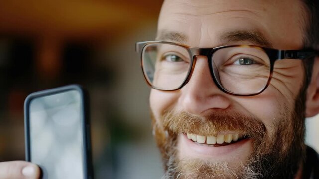 Bearded man laughing with a smartphone in his hand.