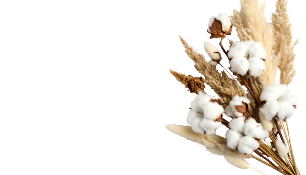 Elegant cotton flower arrangement with dried wheat and decorative grass creating a natural touch, perfect for rustic wedding decor, farmhouse style and cozy home accents