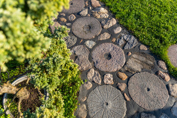 Garden path made of circular stepping stones placed in a row on a lush green lawn. The grass is...