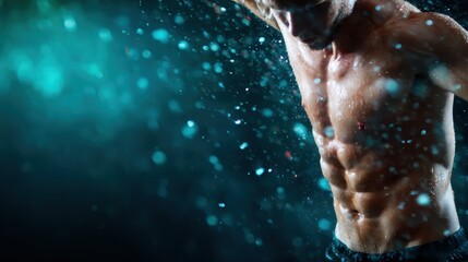 A powerful representation of a muscular man amidst splashing water, capturing motion and energy while evoking physical prowess and the essence of vigor.