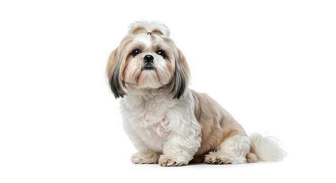 Shih Tzu dog with long silky hair sitting elegantly on a white background

