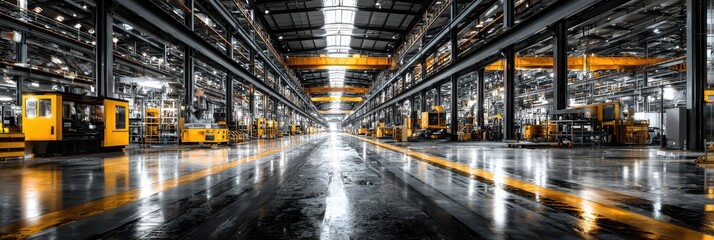 Industrial warehouse interior showcasing machinery and storage spaces during daytime operation