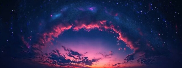 Vibrant Night Sky with Pink and Orange Sunset Clouds Glimmering Stars. Dark some