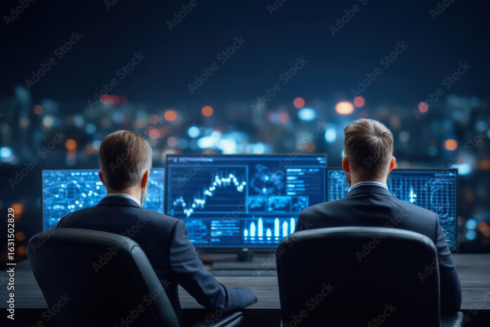 Poster two professionals analyze data on multiple screens, overlooking a cityscape at night, emphasizing te