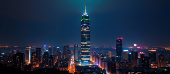 A stunning city skyline illuminated at night.