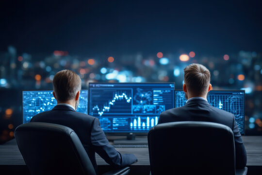 Two professionals analyze data on multiple screens, overlooking a cityscape at night, emphasizing technology and business analytics.