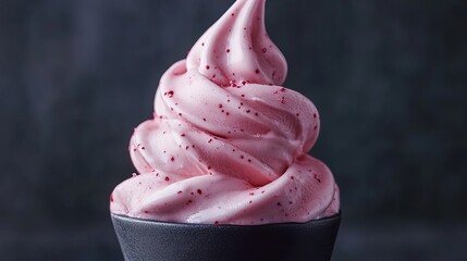 A close up shot of a pink soft serve ice cream with red sprinkles against a dark background