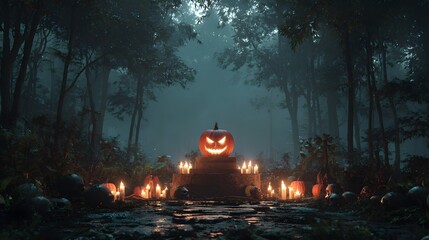 3D render of a glowing evil pumpkin shrine deep in the forest