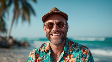 A smiling man wearing a colorful Hawaiian shirt and a hat, enjoying a sunny beach day that conveys joy, relaxation, and the essence of a carefree lifestyle by the ocean.