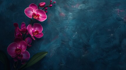 Bright pink orchids on a dark blue textured background with copy space. The image is perfect for banners, posters, greeting cards or backgrounds with text overlays.