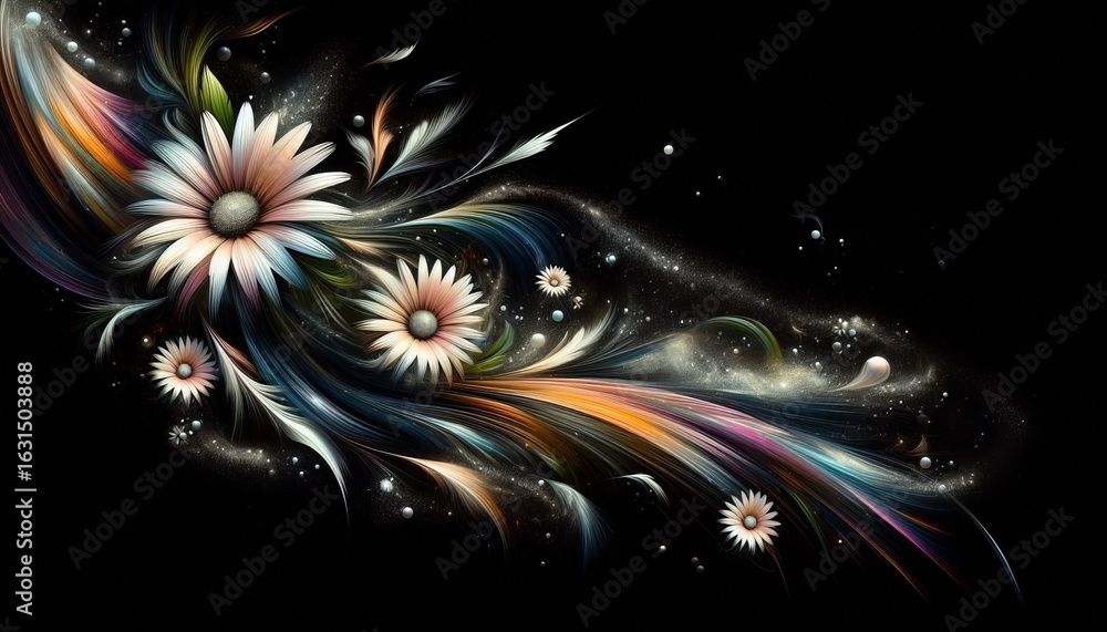 Poster a vibrant explosion of colors and textures featuring abstract flowers and swirling patterns. the dar