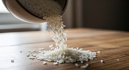White rice grains pouring from a bowl onto a wooden table