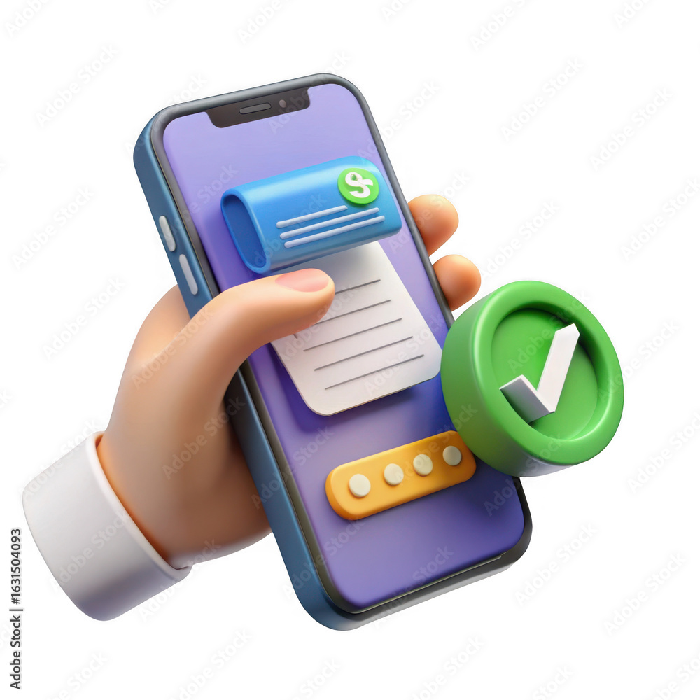 Poster hand holding smartphone with successful task completion checkmark isolated on transparent background