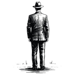Man in suit and hat standing facing away silhouette