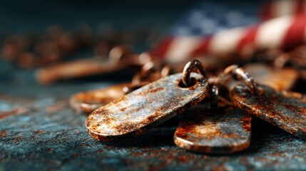 A collection of worn and rusty dog tags lying on a textured surface with an American flag in the background, evoking feelings of patriotism and history.