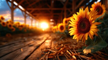 Vibrant sunflowers bask in the warm glow of a breathtaking sunset, capturing the essence of nature's beauty and the simple joys found in peaceful, rural environments.