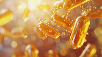 Close up view of golden capsules with bubbles floating in a blurred background of light spots