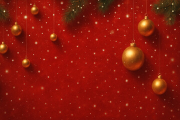 Hanging golden Christmas ornaments and fir tree branches on red textured background with falling snow. Winter holiday decoration. Christmas and New Year celebration concept