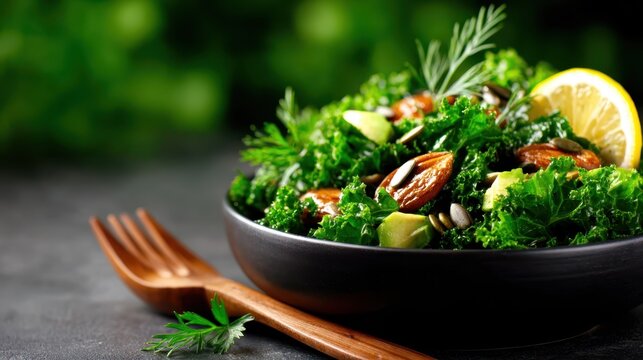A vibrant kale salad garnished with nuts, pumpkin seeds, and a fresh lemon slice, exemplifying healthy eating and colorful culinary craftsmanship in a clean presentation.