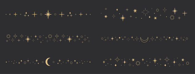 Mystical celestial border divider with stars, moons, and sparkles. Elegant golden ornament set for tarot, magic, and spiritual designs. © Alyona