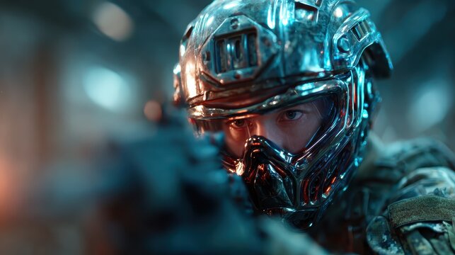A determined soldier, clad in a shiny futuristic helmet and tactical gear, focuses intently while aiming, symbolizing bravery and the modern challenges faced in combat and defense.