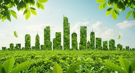 Conceptual image of sustainable development, green leaves, abstract city