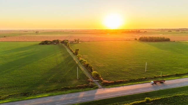 Aerial sunrise view of soy fields in the Pampas near Zavalla Argentina