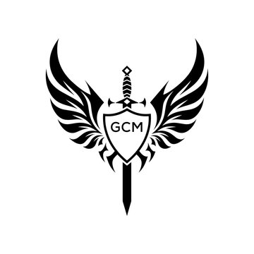 GCM Winged Sword and Shield Logo with GCM Letters, GCM Later Logo, Heraldic Emblem, Black and White Vector Design
