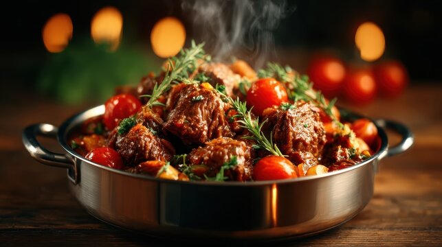 A mouth-watering presentation of a hearty meat stew, enriched with fresh vegetables, herbs, and spices, evoking warmth, comfort, and culinary delight in a cozy ambiance.