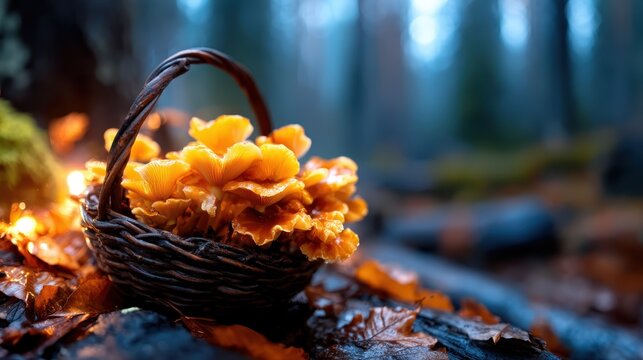 A rustic woven basket filled with bright orange mushrooms, positioned amidst a serene forest setting, highlighting nature's beauty and bounty.