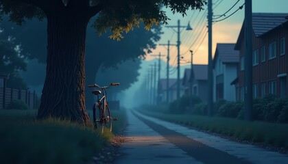 Bike Beside Tree on Misty Road with Houses