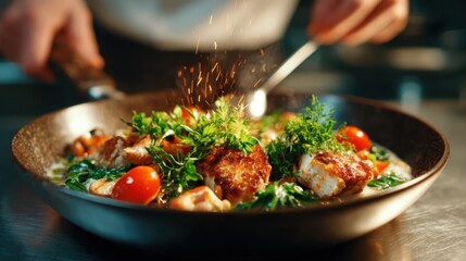 A close-up of a chef skillfully garnishing a gourmet dish in a professional kitchen showcases culinary artistry, fresh ingredients, and the joy of cooking.