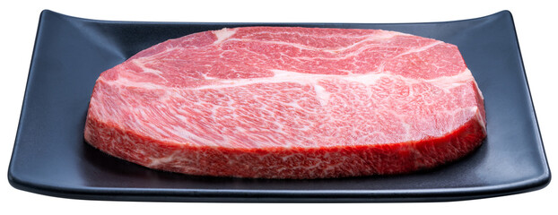 Raw premium Wagyu beef steak isolated on Black plate on white background with clipping path high-quality meat cut for gourmet cooking and fine dining PNG file.