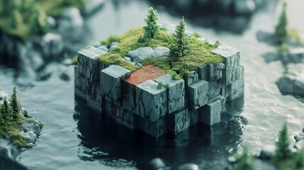 A voxel art island with trees and moss floating on water with a rocky and blocky structure