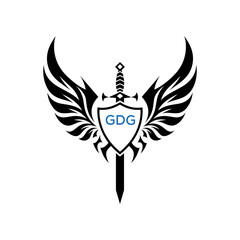 GDG Winged Sword and Shield Logo with GDG Letters, GDG Later Logo, Heraldic Emblem, Black and White Vector Design
