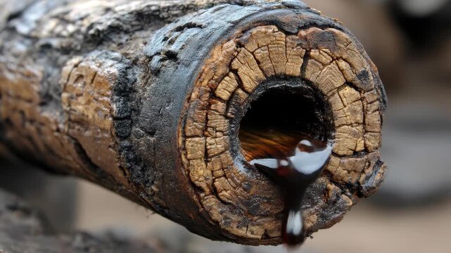 Dark creosote drips from a decayed log, showing wood treatment and aging. Leaking highlights decay and environmental concerns.