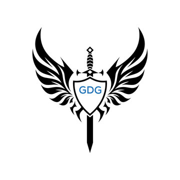 GDG Winged Sword and Shield Logo with GDG Letters, GDG Later Logo, Heraldic Emblem, Black and White Vector Design
