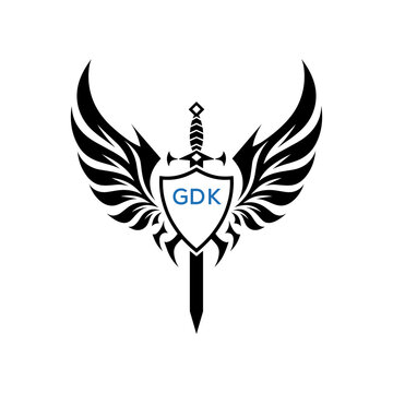 GDK Winged Sword and Shield Logo with GDK Letters, GDK Later Logo, Heraldic Emblem, Black and White Vector Design
