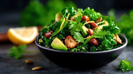A nutritious kale salad featuring fresh avocado, nuts, and herbs, beautifully presented to highlight healthy eating and vibrant flavors in culinary creations.