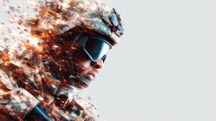 An intense portrait of a soldier, set against a dynamic background of sparks and fragments, capturing the essence of strength and resilience in the face of adversity.
