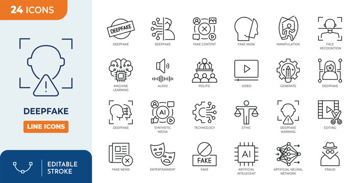 Deepfake line editable icon set. Containing Deepfakes, misinformation, face swap, machine learning, digital, AI, fake news, and more. Editable stroke. Vector illustration
