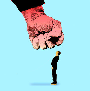 Giant fist threatening a man in digital illustration
