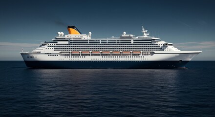 Obraz premium White Cruise Ship Sailing on Calm Dark Blue Ocean Under Clear Sky