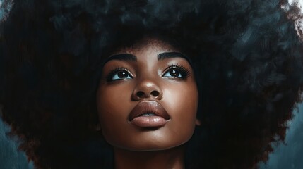 Portrait of a beautiful african american woman with large afro looking up with soft lighting and dark background