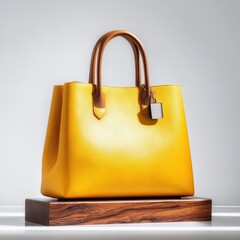 Stylish Yellow Leather Handbag Displayed on Wooden Block Elegant Accessory for Fashion Editorial or Advertisement
