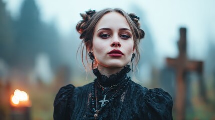 A captivating young woman dressed in gothic attire poses amidst a foggy graveyard, evoking a sense of mystery and nostalgia that lingers in the air.