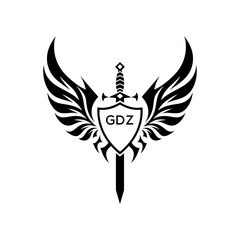GDZ Winged Sword and Shield Logo with GDZ Letters, GDZ Later Logo, Heraldic Emblem, Black and White Vector Design
