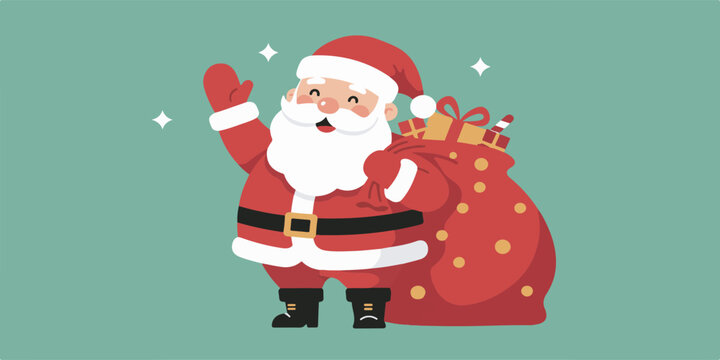 Joyful vector illustration of Santa Claus waving while carrying a large red gift bag